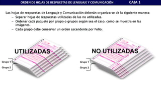 Las hojas de respuestas de Lenguaje y Comunicación deberán organizarse de la siguiente manera:
– Separar hojas de respuestas utilizadas de las no utilizadas.
– Ordenar cada paquete por grupo o grupos según sea el caso, como se muestra en las
imágenes.
– Cada grupo debe conservar un orden ascendente por Folio.
ORDEN DE HOJAS DE RESPUESTAS DE LENGUAJE Y COMUNICACIÓN CAJA 1
Grupo 1
Grupo 2
UTILIZADAS
Grupo 1
Grupo 2
NO UTILIZADAS
 