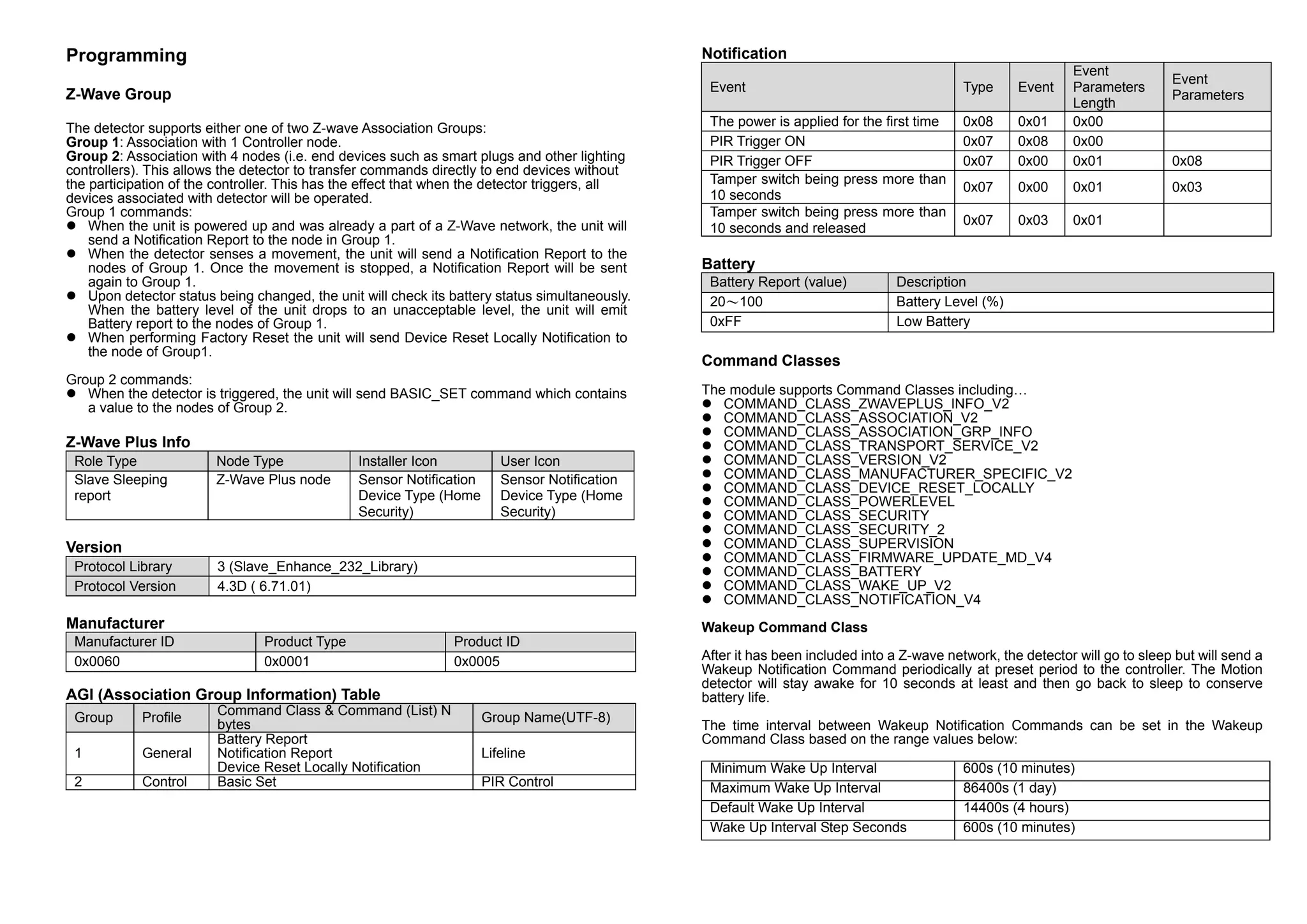 Programming
Z-Wave Group
The detector supports either one of two Z-wave Association Groups:
Group 1: Association with 1 Controller node.
Group 2: Association with 4 nodes (i.e. end devices such as smart plugs and other lighting
controllers). This allows the detector to transfer commands directly to end devices without
the participation of the controller. This has the effect that when the detector triggers, all
devices associated with detector will be operated.
Group 1 commands:
 When the unit is powered up and was already a part of a Z-Wave network, the unit will
send a Notification Report to the node in Group 1.
 When the detector senses a movement, the unit will send a Notification Report to the
nodes of Group 1. Once the movement is stopped, a Notification Report will be sent
again to Group 1.
 Upon detector status being changed, the unit will check its battery status simultaneously.
When the battery level of the unit drops to an unacceptable level, the unit will emit
Battery report to the nodes of Group 1.
 When performing Factory Reset the unit will send Device Reset Locally Notification to
the node of Group1.
Group 2 commands:
 When the detector is triggered, the unit will send BASIC_SET command which contains
a value to the nodes of Group 2.
Z-Wave Plus Info
Role Type Node Type Installer Icon User Icon
Slave Sleeping
report
Z-Wave Plus node Sensor Notification
Device Type (Home
Security)
Sensor Notification
Device Type (Home
Security)
Version
Protocol Library 3 (Slave_Enhance_232_Library)
Protocol Version 4.3D ( 6.71.01)
Manufacturer
Manufacturer ID Product Type Product ID
0x0060 0x0001 0x0005
AGI (Association Group Information) Table
Group Profile
Command Class & Command (List) N
bytes
Group Name(UTF-8)
1 General
Battery Report
Notification Report
Device Reset Locally Notification
Lifeline
2 Control Basic Set PIR Control
Notification
Event Type Event
Event
Parameters
Length
Event
Parameters
The power is applied for the first time 0x08 0x01 0x00
PIR Trigger ON 0x07 0x08 0x00
PIR Trigger OFF 0x07 0x00 0x01 0x08
Tamper switch being press more than
10 seconds
0x07 0x00 0x01 0x03
Tamper switch being press more than
10 seconds and released
0x07 0x03 0x01
Battery
Battery Report (value) Description
20～100 Battery Level (%)
0xFF Low Battery
Command Classes
The module supports Command Classes including…
 COMMAND_CLASS_ZWAVEPLUS_INFO_V2
 COMMAND_CLASS_ASSOCIATION_V2
 COMMAND_CLASS_ASSOCIATION_GRP_INFO
 COMMAND_CLASS_TRANSPORT_SERVICE_V2
 COMMAND_CLASS_VERSION_V2
 COMMAND_CLASS_MANUFACTURER_SPECIFIC_V2
 COMMAND_CLASS_DEVICE_RESET_LOCALLY
 COMMAND_CLASS_POWERLEVEL
 COMMAND_CLASS_SECURITY
 COMMAND_CLASS_SECURITY_2
 COMMAND_CLASS_SUPERVISION
 COMMAND_CLASS_FIRMWARE_UPDATE_MD_V4
 COMMAND_CLASS_BATTERY
 COMMAND_CLASS_WAKE_UP_V2
 COMMAND_CLASS_NOTIFICATION_V4
Wakeup Command Class
After it has been included into a Z-wave network, the detector will go to sleep but will send a
Wakeup Notification Command periodically at preset period to the controller. The Motion
detector will stay awake for 10 seconds at least and then go back to sleep to conserve
battery life.
The time interval between Wakeup Notification Commands can be set in the Wakeup
Command Class based on the range values below:
Minimum Wake Up Interval 600s (10 minutes)
Maximum Wake Up Interval 86400s (1 day)
Default Wake Up Interval 14400s (4 hours)
Wake Up Interval Step Seconds 600s (10 minutes)
 
