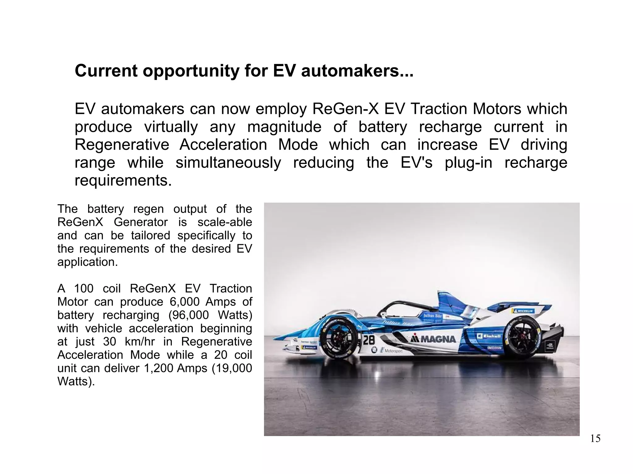 15
Current opportunity for EV automakers...
EV automakers can now employ ReGen-X EV Traction Motors which
produce virtually any magnitude of battery recharge current in
Regenerative Acceleration Mode which can increase EV driving
range while simultaneously reducing the EV's plug-in recharge
requirements.
The battery regen output of the
ReGenX Generator is scale-able
and can be tailored specifically to
the requirements of the desired EV
application.
A 100 coil ReGenX EV Traction
Motor can produce 6,000 Amps of
battery recharging (96,000 Watts)
with vehicle acceleration beginning
at just 30 km/hr in Regenerative
Acceleration Mode while a 20 coil
unit can deliver 1,200 Amps (19,000
Watts).
 