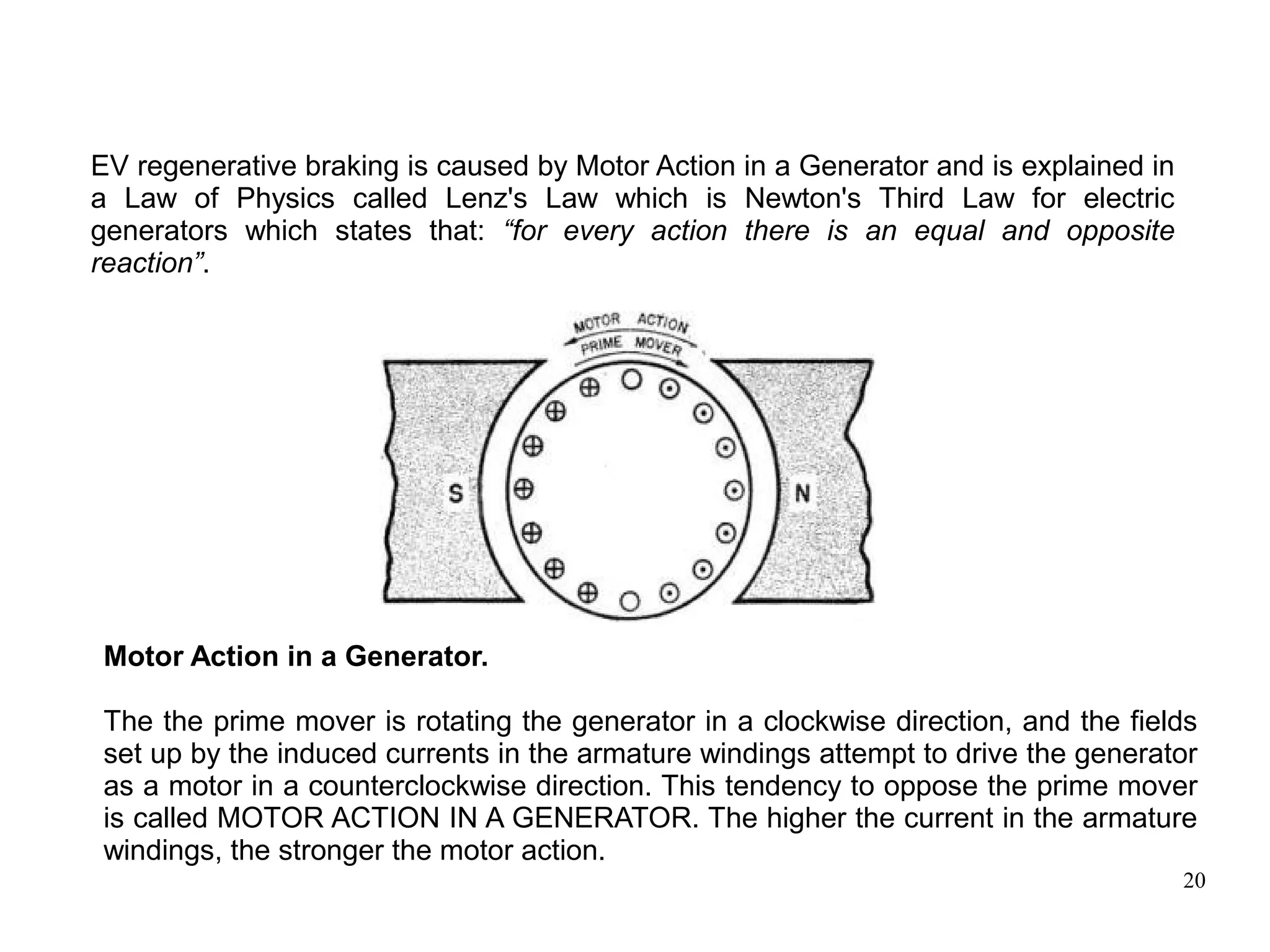 20
Motor Action in a Generator.
The the prime mover is rotating the generator in a clockwise direction, and the fields
set up by the induced currents in the armature windings attempt to drive the generator
as a motor in a counterclockwise direction. This tendency to oppose the prime mover
is called MOTOR ACTION IN A GENERATOR. The higher the current in the armature
windings, the stronger the motor action.
EV regenerative braking is caused by Motor Action in a Generator and is explained in
a Law of Physics called Lenz's Law which is Newton's Third Law for electric
generators which states that: “for every action there is an equal and opposite
reaction”.
 