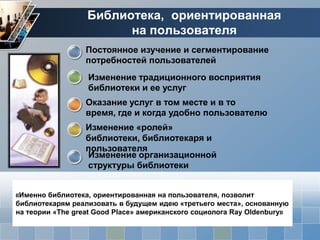 Библиотека, ориентированная
                        на пользователя
                  Постоянное изучение и сегментирование
                  потребностей пользователей
                  Изменение традиционного восприятия
                  библиотеки и ее услуг
                  Оказание услуг в том месте и в то
                  время, где и когда удобно пользователю
                  Изменение «ролей»
                  библиотеки, библиотекаря и
                  пользователя
                  Изменение организационной
                  структуры библиотеки


«Именно библиотека, ориентированная на пользователя, позволит
библиотекарям реализовать в будущем идею «третьего места», основанную
на теории «The great Good Place» американского социолога Ray Oldenbury»
 