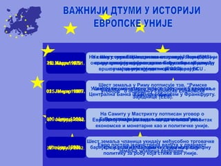 25. Март 1957.
18. Април 1951.
Шест европских држава потписују Париски
споразум којим је основана Европска заједница
за угаљ и челик (ECSC).
25. Март 1957.
Шест земаља у Риму потписује тзв. “Римске
уговоре” о оснивању Европске Економске
Заједнице (ЕЕЗ).
30. Јули 1960. Примена заједничке аграрне политике.
01. Јули 1968.
Шест земаља чланица укидају међусобно трговачке
баријере и усвајају заједничку царинску тарифну
политику за робу која стиже ван Уније.
13. Март 1979.
На снагу ступа Европски монетарни систем (ЕМS) у
оквиру кога је усвојено да се међусобни обрачуни
врше у заједничкој јединици названој ЕСU .
01. Јануар 1987.
Усвајају се амандмани који за циљ имају стварање
Европске Уније.
07. Фебруар 1992.
На Самиту у Мастрихту потписан уговор о
Европској Унији са задатком да олакша развитак
економске и монетарне као и политичке уније.
Јануар 1993. Споразум из Мастрихта ступа на снагу.
25. Март 1995.
На снагу ступа “Шенгенски споразум” о отвореним
границама, укидају се граничне контроле између
земаља које су потписале споразум.
01. Јануар 1999.
Централну монетарну власт преузима Европска
Централна Банка (ECB) са седиштем у Франкфурту.
01. Јануар 2002. Евро постаје законско средство плаћања.
28. Фебруар 2002.
Евро постаје јединствена валута у дванаест
земаља чланица еврозоне.
 