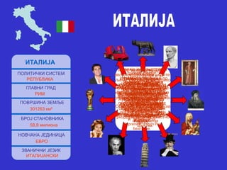 ИТАЛИЈА
ПОЛИТИЧКИ СИСТЕМ
РЕПУБЛИКА
ГЛАВНИ ГРАД
РИМ
ПОВРШИНА ЗЕМЉЕ
301263 км²
БРОЈ СТАНОВНИКА
58,8 милиона
НОВЧАНА ЈЕДИНИЦА
ЕВРО
ЗВАНИЧНИ ЈЕЗИК
ИТАЛИЈАНСКИ
ВРАТИ
СЕ НА
КАРТУ
По легенди вучица је
одгојила Ромула
и Рема, симбол
данашњег Рима
Гај Јулије Цезар
(13.07.100. пре н. е.
15.03. 44. пре н. е.)
римски војсковођа,
политичар и писац.
својим бројним по-
бедама знатно је
проширио утицај и
власт Рима. Његова
диктатура означава
крај владавине Се-
ната и почетак
Царства.
Данте Алгијери (мај 1265. -
14.09.1321.)
Песник из Фиренце,
најзначајније дело
му је “Божанствена комедија”
која се
састоји из три дела: Пакао,
Чистилиште и
Рај од по 34, 33, 33 спева.
Песников во-
дич кроз Пакао и Чистилиште
је песник
Вергилије, а кроз Рај
Беатриче.
Леонардо да Винчи
(15.04.1452.-02.05.1519.)
Италијнски ренесансни
архитекта, пронала-
зач, инжењер, сликар.
Познат по својим ре-
мек делима “Тајна вечера”
и “Мона Лиза”.
Антонио Вивалди
(04.03.1678.-28.07.1741.)
Венецијански свештеник
и композитор из
периода барока. Данас
га препознајемо по
делу “4 годишња доба”.
Ђузепе Верди
(10.10.1813.-
27.01.1901.)
највећи композитор
италијанског белканта.
Аутор је многих опера
од којих се издвајају:
Набуко, Риголето,
Трубадур, Отело,
Аида...
Италија је препуна
прелепих културно-
историјских
споменика као што је и
“Чудесна пољана” у
Пизи
са јединственим
“Кривим торњем”
Италија је позната и по
великим филмским редите-
љима као што је Федерико
Фелини (20.01.1920.-31.
10.1993.) аутор 20
филмова. За 4 филма је
добио
Оскар (Улица, Кабринијске
ноћи, Осам и по, Ама-
ркорд) и пeтог за животно
дело.
Италија је
препознатљива
и по добрим и лепим
глу-
мицама као што су
Софија
Лорен и Моника
Белучи.
Италија је позната и по
добром фудбалу, 4
пута је била светски
првак, клубови Милано
Јувентус и Интер су
међу најтрофејним
евро-
пским клубовима
данас.
Алберто Томба један од
најбољих скијаша и иначе
спортиста двадесетог века
са више десетина
олимписких и светских
титула.
ХХ век у аутомобилској
индустрији
по снази, брзини,
лепоти и моћи
обележио је Ферари.
 