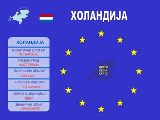 ХОЛАНДИЈА
ПОЛИТИЧКИ СИСТЕМ
МОНАРХИЈА
ГЛАВНИ ГРАД
АМСТЕРДАМ
ПОВРШИНА ЗЕМЉЕ
41864 км²
БРОЈ СТАНОВНИКА
16,3 милиона
НОВЧАНА ЈЕДИНИЦА
ЕВРО
ЗВАНИЧНИ ЈЕЗИК
ФЛАМАНСКИ
ВРАТИ
СЕ НА
КАРТУ
 