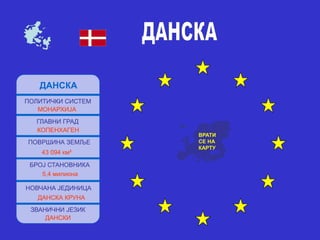 ДАНСКА
ПОЛИТИЧКИ СИСТЕМ
МОНАРХИЈА
ГЛАВНИ ГРАД
КОПЕНХАГЕН
ПОВРШИНА ЗЕМЉЕ
43 094 км²
БРОЈ СТАНОВНИКА
5,4 милиона
НОВЧАНА ЈЕДИНИЦА
ДАНСКА КРУНА
ЗВАНИЧНИ ЈЕЗИК
ДАНСКИ
ВРАТИ
СЕ НА
КАРТУ
 
