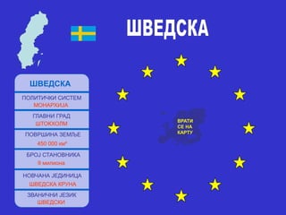ШВЕДСКА
ПОЛИТИЧКИ СИСТЕМ
МОНАРХИЈА
ГЛАВНИ ГРАД
ШТОКХОЛМ
ПОВРШИНА ЗЕМЉЕ
450 000 км²
БРОЈ СТАНОВНИКА
9 милиона
НОВЧАНА ЈЕДИНИЦА
ШВЕДСКА КРУНА
ЗВАНИЧНИ ЈЕЗИК
ШВЕДСКИ
ВРАТИ
СЕ НА
КАРТУ
 