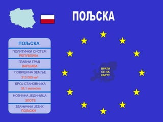 ПОЉСКА
ПОЛИТИЧКИ СИСТЕМ
РЕПУБЛИКА
ГЛАВНИ ГРАД
ВАРШАВА
ПОВРШИНА ЗЕМЉЕ
313 000 км²
БРОЈ СТАНОВНИКА
38,1 милиона
НОВЧАНА ЈЕДИНИЦА
ЗЛОТЕ
ЗВАНИЧНИ ЈЕЗИК
ПОЉСКИ
ВРАТИ
СЕ НА
КАРТУ
 