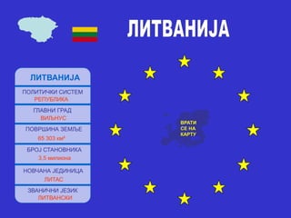 ЛИТВАНИЈА
ПОЛИТИЧКИ СИСТЕМ
РЕПУБЛИКА
ГЛАВНИ ГРАД
ВИЉНУС
ПОВРШИНА ЗЕМЉЕ
65 303 км²
БРОЈ СТАНОВНИКА
3,5 милиона
НОВЧАНА ЈЕДИНИЦА
ЛИТАС
ЗВАНИЧНИ ЈЕЗИК
ЛИТВАНСКИ
ВРАТИ
СЕ НА
КАРТУ
 