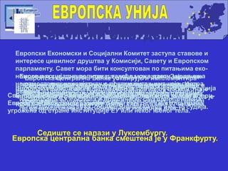 Европски суд правде води рачуна да су закони Заједнице
сагласно интерпретирани и ефективно примењени. Има
судску надлежност у споровима између земаља чланица,
институција ЕУ, послова и појединаца. Суд првог степена
је придружрен од 1989. године. Европски суд има 15 судија.
Седиште се налази у Луксембургу.
Европски финансијски суд проверава да ли су порези Уније
прикупљени и сви њени трошкови утрошени по закону и да је
финансијски менаџмент ЕУ уреду. Овај суд има 27 чланова.
Европска Централна Банка уоквирује и имплементира
Европску монетарну политику; управља операцијама
међународне размене и омогућује гладак рад платних
система.
Европска централна банка смештена је у Франкфурту.
Европски Економски и Социјални Комитет заступа ставове и
интересе цивилног друштва у Комисији, Савету и Европском
парламенту. Савет мора бити консултован по питањима еко-
номске и социјалне политике; такође може давти мишљења
на самосталну иницијативу о другим питањима која сматра
важним.
Комитет региона води рачуна да се поштују регионални и
локални идентитети. Мора се консултовати по питањима
регионалне политике, околине и образовања. Састављен
је од представника регионалних и локалних власти.
Европска инвестициона банка (EIB) је финансијска институција
Европске уније. Финансира инвестиционе пројекте који допри-
носе балансираном развоју Уније.
Сви појединци или ентитети који живе у Унији могу се жалити
Европском омбудсману уколико сматрају да су њихова права
угрожена од стране институције ЕУ или неког њеног тела.
 