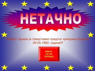 Роберт Шуман је представио предлог креирања Европе
09.05.1950. године!!!
ВРАТИ
СЕ НА
ПИТАЊЕ
 