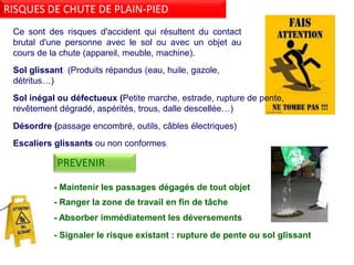 RISQUES DE CHUTE DE PLAIN-PIED
Ce sont des risques d'accident qui résultent du contact
brutal d'une personne avec le sol ou avec un objet au
cours de la chute (appareil, meuble, machine).
Sol inégal ou défectueux (Petite marche, estrade, rupture de pente,
revêtement dégradé, aspérités, trous, dalle descellée…)
Sol glissant (Produits répandus (eau, huile, gazole,
détritus…)
Désordre (passage encombré, outils, câbles électriques)
- Maintenir les passages dégagés de tout objet
- Ranger la zone de travail en fin de tâche
- Absorber immédiatement les déversements
- Signaler le risque existant : rupture de pente ou sol glissant
PREVENIR
Escaliers glissants ou non conformes
 