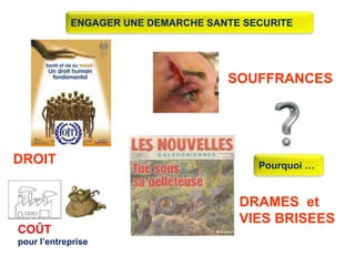 ENGAGER UNE DEMARCHE SANTE SECURITE
Pourquoi …
COÛT
pour l’entreprise
SOUFFRANCES
DRAMES et
VIES BRISEES
DROIT
 