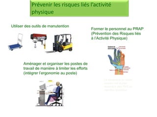 Le syndrome du canal
carpien est la plus
répandue des TMS du
membre supérieur
Prévenir les risques liés l’activité
physique
Utiliser des outils de manutention
Aménager et organiser les postes de
travail de manière à limiter les efforts
(intégrer l’ergonomie au poste)
Former le personnel au PRAP
(Prévention des Risques liés
à l’Activité Physique)
 