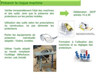 Formation à l’utilisation des
machines et au réglages des
protecteurs
Prévenir le risque machine
Vérifier trimestriellement l’état des machines
et des outils, ainsi que la présence des
protecteurs sur les parties mobiles.
Utilisation des outils selon les prescriptions
du constructeur, ne pas démonter les
protecteurs
Utiliser l’outils adapté
au travail, remplacer
l’outillage défectueux,
ancien, usé, bricolé.
Porter les équipements de
protection individuelle
adaptés : Visière, lunettes.
Délibération 34CP
articles 14 à 30
 