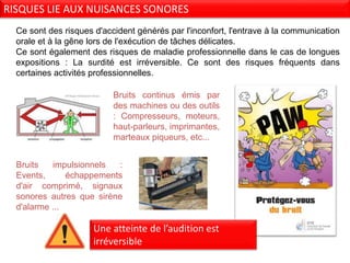 Ce sont des risques d'accident générés par l'inconfort, l'entrave à la communication
orale et à la gêne lors de l'exécution de tâches délicates.
Ce sont également des risques de maladie professionnelle dans le cas de longues
expositions : La surdité est irréversible. Ce sont des risques fréquents dans
certaines activités professionnelles.
Bruits continus émis par
des machines ou des outils
: Compresseurs, moteurs,
haut-parleurs, imprimantes,
marteaux piqueurs, etc...
Bruits impulsionnels :
Events, échappements
d'air comprimé, signaux
sonores autres que sirène
d'alarme ...
RISQUES LIE AUX NUISANCES SONORES
Une atteinte de l’audition est
irréversible
 