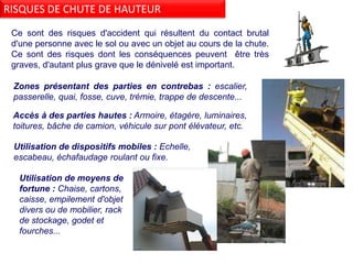 Ce sont des risques d'accident qui résultent du contact brutal
d'une personne avec le sol ou avec un objet au cours de la chute.
Ce sont des risques dont les conséquences peuvent être très
graves, d'autant plus grave que le dénivelé est important.
Zones présentant des parties en contrebas : escalier,
passerelle, quai, fosse, cuve, trémie, trappe de descente...
Accès à des parties hautes : Armoire, étagère, luminaires,
toitures, bâche de camion, véhicule sur pont élévateur, etc.
Utilisation de dispositifs mobiles : Echelle,
escabeau, échafaudage roulant ou fixe.
Utilisation de moyens de
fortune : Chaise, cartons,
caisse, empilement d'objet
divers ou de mobilier, rack
de stockage, godet et
fourches...
RISQUES DE CHUTE DE HAUTEUR
 