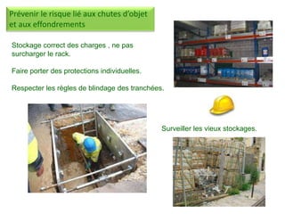 Stockage correct des charges , ne pas
surcharger le rack.
Faire porter des protections individuelles.
Respecter les règles de blindage des tranchées.
Prévenir le risque lié aux chutes d’objet
et aux effondrements
Surveiller les vieux stockages.
 