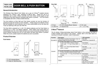 TSE03-JOEL                                                                                   Door Bell                                                Rear View     6         Inside View

 TAC06-JOEL
                    DOOR BELL & PUSH BUTTON                                                      1                                                                         I E R




General Introduction
The Wireless Door Bell & Push Button are a pair of Z-WaveTM enabled devices
displaying the Z-WaveTM logo, operating at 868.42 MHz. Taking the role of a                                                                                                I                 R
                                                                                                                                                                               : Inclusion       : Reset
                                                                                                                                                                          E
                                                                                                                                                  3
                                                                                                                                                                               : Exclusion



transmitter and a small Z-Wave controller, the Push Button sends signals of bell
                                                                                                    Side View       Front View        Side View
triggering to Door Bell (receiver) wirelessly after Button is pressed. The Push Button
is compatible with other Z-Wave enabled devices.
                                                                                                                                                      5
                                                                                                          2
The front buttons on Door Bell and Push Button provide not only the function of
pressing but also the function of LED indication. Preset songs (5 by default) of Door
                                                                                                                    Bottom View
                                                                                                                                  4       FIGURE 2
Bell are available for sound selection, but it is also customizable as you can play own
music by replacing it with your own WAV file.                                                 1 Horn             2 LED Indicator/Music Selector           3 DC Jack
                                                                                              4 USB Port         5 Keyhole Slot                           6 ○○○ Key
                                                                                                                                                             I E R

The Door Bell is powered by 3 x AA 1.5V alkaline batteries and the Push Button is
powered by 2 x AAA 1.5V alkaline batteries. When battery level drops below an                 Z-WaveTM Network
unacceptable level, the LED on Bell will flash once every 30 seconds and flash while a
song is playing, whereas the LED on Push Button will flash when Button is pressed.            The kit utilizes Z-Wave technology where Push Button is the controller and Bell is
When this occurs, please replace the batteries as soon as possible.                           Z-Wave enabled slave device in the system. Please refer to the table below for
                                                                                              carrying out inclusion, exclusion, reset or association.
Product Overview
                                                                                              Function        Description                                    LED Indication
Push Button                                                                                                   The Z-Wave Controller (Push Button) does not   Door Bell:
                                                    2                                         No node ID      allocate a node ID to the Door Bell.           2-second on, 2-second off.
                                                                                                              To include Push Button as a Primary Controller
                                                                                                              1. To have Push Button entered inclusion       Push Button:
                                                                                                                   mode, press ○○ Key 3 times (within 1.5
                                                                                                                                  I R                        0.5-second on, 0.5-second off.
                                                                                                                   secs).
                                                                                                              2. Press ○○○ Key of Door Bell 3 times
                                                                                                                           I E R                             Door Bell:
                                                                                                                   (within 1.5 secs).                        0.3-second on after ○○○ is
                                                                                                                                                                                  I E R

                                                                                                                                                             pressed.
                                                        3
                                                                                                              To include Push Button as a Secondary Controller
               1                                              I R   A E
                                                                                              Inclusion
                                                                                                              1. To have Controller entered inclusion mode.
                                                                          4                                   2. Press and hold ○○ Key of Push Button for
                                                                                                                                I R                           Push Button:
                    Front View          Rear View           Inside View                                           10 secs.                                    0.1-second on, 0.8-second off.
                                       FIGURE 1                                                               Success                                         Push Button:
                                                                                                                                                              Red LED of Push Button is on
      1 LED Indicator/Button                3 ○○ Key
                                              I R                                                                                                             for 1 sec.
                                                                                                              Failure                                         Push Button:
      2 Holes for Wall Mounting             4 ○○ Key
                                              A E
                                                                                                                                                              Red LED of Push Button
                                                                                                                                                              flashes 3 times rapidly.
                                                                                          1
 