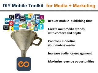 ERYBIT
DIY Mobile Toolkit for Media + Marketing
Reduce mobile publishing time
Create multimedia stories
with context and depth
Control + monetize
your mobile media
Increase audience engagement
Maximize revenue opportunities
 