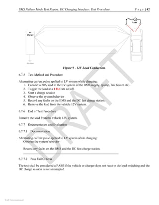 BMS Failure Mode Test Report: DC Charging Interface: Test Procedure P a g e | 42
SAE International
Figure 9 - 12V Load Connection.
6.7.5 Test Method and Procedure
Alternating current pulse applied to LV system while charging:
1. Connect a 20A load to the LV system of the BMS supply. (pump, fan, heater etc)
2. Toggle the load at a 1 Hz rate on/off.
3. Start a charge session
4. Observe the system behavior
5. Record any faults on the BMS and the DC fast charge station.
6. Remove the load from the vehicle 12V system.
6.7.6 End of Test Procedure
Remove the load from the vehicle 12V system.
6.7.7 Documentation and Evaluation
6.7.7.1 Documentation
Alternating current pulse applied to LV system while charging:
Observe the system behavior
Record any faults on the BMS and the DC fast charge station.
_____________________________________________________________
6.7.7.2 Pass Fail Criteria
The test shall be considered a PASS if the vehicle or charger does not react to the load switching and the
DC charge session is not interrupted.
HV
Charger
Earth Ground
M
Load
 
