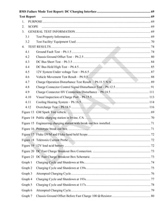 BMS Failure Mode Test Report: DC Charging Interface ................................................................ 69
Test Report .................................................................................................................................. 69
1. PURPOSE................................................................................................................................. 69
2. SCOPE .................................................................................................................................. 69
3. GENERAL TEST INFORMATION.......................................................................................... 69
3.1 Test Property Information................................................................................................ 69
3.2 Test Facility/ Equipment Used ......................................................................................... 70
4. TEST RESULTS....................................................................................................................... 74
4.1 Ground Fault Test – P6.1.5 .............................................................................................. 74
4.2 Chassis Ground Offset Test – P6.2.5................................................................................ 80
4.3 DC Bus Short Test – P6.3.5 ............................................................................................. 84
4.4 DC Bus Held High Test – P6.4.5...................................................................................... 85
4.5 12V System Under voltage Test – P6.6.5 ......................................................................... 87
4.6 Vehicle Movement Test Result – P6.9.5........................................................................... 88
4.7 Charge Operation Disturbance Test Result – P6.11.5 N/A............................................... 89
4.8 Charge Connector Control Signal Disturbance Test – P6.12.5.......................................... 91
4.9 Charge Connector HV Connection Disturbance – P6.14.5.............................................. 111
4.10 Visual Inspection of Charge Port – P6.15.5.................................................................... 113
4.11 Cooling Heating System – P6.16.5................................................................................. 114
4.12 Overcharge Test – P6.18.5............................................................................................. 116
Figure 13 GM Spark Test vehicle. ................................................................................................... 69
Figure 14 Public charging station in Irvine, CA. .............................................................................. 70
Figure 15 Engineering charging station with break out box installed................................................ 71
Figure 16 Prototype break out box. .................................................................................................. 71
Figure 17 Fluke DVM and Fluke hand held Scope........................................................................... 72
Figure 18 Tektronix Current Probe .................................................................................................. 72
Figure 19 12V lead acid battery ....................................................................................................... 72
Figure 20 DC Fast Charge Breakout Box Connection. ..................................................................... 73
Figure 21 DC Fast Charge Breakout Box Schematic. ....................................................................... 73
Graph 1 Charging Cycle and Shutdown at 88s............................................................................... 74
Graph 2 Charging Cycle and Shutdown at 139s............................................................................. 75
Graph 3 Attempted Charging Cycle............................................................................................... 76
Graph 4 Charging Cycle and Shutdown at 193s............................................................................. 77
Graph 5 Charging Cycle and Shutdown at 117s............................................................................. 78
Graph 6 Attempted Charging Cycle............................................................................................... 79
Graph 7 Chassis Ground Offset Before Fast Charge 100 Ω Resistor.............................................. 80
 