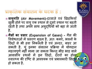  वायुगति (Air Movement)-दरवयजे एवं णखड़ककर्याँ
खुिी होने पर वयर्ु एक स्थयन से दूसरे स्थयन पर बहती
रहती है तथय अपने सयथ अिुद्धधर्ों को बहय िे जयती
है.
 गैसों िा प्रसार (Expansion of Gases) - गैस की
वविेषतयओं में प्रसरण मुख्र् है. अतः कमरे, भवनों के
तछद्रों से भी हवय तनकिती है एवं अन्दर, बयहर आ
सकती है. र्ूं इनकय संवयतन प्रकक्रर्य में र्ोगदयन
महत्वपूणा नहीं मयनय जय सकतय ककन्तु भीड़ भयड़ वयिे
आवयसीर् स्थिों में इन तछद्रों, दरयरों कय होनय
स्वयस््र् की दृजष्ट से आवश्र्क एवं प्रभयवकयरी लसद्ध
हो सकतय है.
 