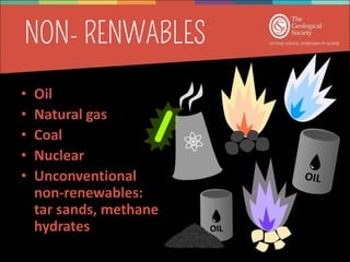 • Oil
• Natural gas
• Coal
• Nuclear
• Unconventional
non-renewables:
tar sands, methane
hydrates
 