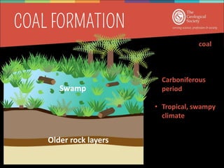 • Most of the coal
we have on Earth
today was formed
in the
Carboniferous
period 360 – 299
million years ago
• Tropical, swampy
climate
• Plants die and
over time form
layers of squashed
plant material
Swamp
Older rock layers
 
