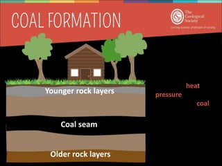 • Peat is buried by
layers of sediment
and subjected to
increased heat and
pressure
• ‘Cooked’ into coal
• The type of coal you
get depends on
how long it was
buried, how deep
and how hot it got.
Coal seam
Older rock layers
Younger rock layers
 