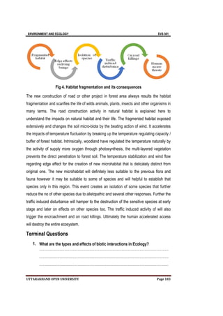 ENVIRONMENT AND ECOLOGY EVS 501
UTTARAKHAND OPEN UNIVERSITY Page 183
Fig 4. Habitat fragmentation and its consequences
The new construction of road or other project in forest area always results the habitat
fragmentation and scarifies the life of wilds animals, plants, insects and other organisms in
many terms. The road construction activity in natural habitat is explained here to
understand the impacts on natural habitat and their life. The fragmented habitat exposed
extensively and changes the soil micro-biota by the beating action of wind. It accelerates
the impacts of temperature fluctuation by breaking up the temperature regulating capacity /
buffer of forest habitat. Intrinsically, woodland have regulated the temperature naturally by
the activity of supply more oxygen through photosynthesis, the multi-layered vegetation
prevents the direct penetration to forest soil. The temperature stabilization and wind flow
regarding edge effect for the creation of new microhabitat that is delicately distinct from
original one. The new microhabitat will definitely less suitable to the previous flora and
fauna however it may be suitable to some of species and will helpful to establish that
species only in this region. This event creates an isolation of some species that further
reduce the no of other species due to allelopathic and several other responses. Further the
traffic induced disturbance will hamper to the destruction of the sensitive species at early
stage and later on effects on other species too. The traffic induced activity of will also
trigger the encroachment and on road killings. Ultimately the human accelerated access
will destroy the entire ecosystem.
Terminal Questions
1. What are the types and effects of biotic interactions in Ecology?
………………………………………………………………………………………………
………………………………………………………………………………………………
………………………………………………………………………………………………
 