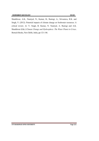 ENVIRONMENT AND ECOLOGY EVS 501
UTTARAKHNAD OPEN UNIVERSITY Page 221
Shankhwar, A.K., Nautiyal, N., Kumar, B., Rastogi, A., Srivastava, R.K. and
Singh, V. (2012). Potential impacts of climate change on freshwater resources: A
critical review. In: V. Singh, B. Kumar, N. Nautiyal, A. Rastogi and A.K.
Shankhwar (Eds.) Climate Change and Hydrosphere: The Water Planet in Crises.
Biotech Books, New Delhi, India, pp 121-146.
 