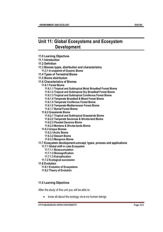 ENVIRONMENT AND ECOLOGY EVS 501
UTTARAKHNAD OPEN UNIVERSITY Page 222
Unit 11: Global Ecosystems and Ecosystem
Development
11.0 Learning Objectives
11.1 Introduction
11.2 Definition
11.3 Biomes types, distribution and characteristics
11.3.1 A snapshot of Oceanic Biome
11.4 Types of Terrestrial Biome
11.5 Biome distribution
11.6 Characteristics of Biomes
11.6.1 Forest Biome
11.6.1.1 Tropical and Subtropical Moist Broadleaf Forest Biome
11.6.1.2 Tropical and Subtropical Dry Broadleaf Forest Biome
11.6.1.3 Tropical and Subtropical Coniferous Forest Biome
11.6.1.4 Temperate Broadleaf & Mixed Forest Biome
11.6.1.5 Temperate Coniferous Forest Biome
11.6.1.6 Temperate Mediterranean Forest Biome
11.6.1.7 Boreal Forest Biome
11.6.2 Grasslands Biome
11.6.2.1 Tropical and Subtropical Grasslands Biome
11.6.2.2 Temperate Savannas & Shrubs-land Biome
11.6.2.3 Flooded Savanna Biome
11.6.2.4 Montane & Shrubs-lands Biome
11.6.3 Unique Biomes
11.6.3.1Arctic Biome
11.6.3.2 Dessert Biome
11.6.3.3 Mangrove Biome
11.7 Ecosystem development-concept, types, process and applications
11.7.1 Global shift in Lake Ecosystem
11.7.1.1 Bioaccumulation
11.7.1.2 Biomagnification
11.7.1.3 Eutrophication
11.7.2 Ecological succession
11.8 Evolution
11.8.1 Evolution of Ecosystems
11.8.2 Theory of Evolution
11.0 Learning Objectives
After the study of this unit you will be able to:
 know all about the ecology vis-à-vis human beings
 