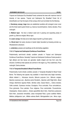 ENVIRONMENT AND ECOLOGY EVS 501
UTTARAKHNAD OPEN UNIVERSITY Page 229
Tropical and Subtropical Dry Broadleaf Forest contained the trees with maximum level of
diversity of tree species. Tropical and Subtropical Dry Broadleaf Forest full of
diversification as it has five layers of tree canopy which can be divided into the following:
i. Overstorey canopy: large trees are established woodlots with emergent crown cover
and the forest seems grand forest e.g. Quercus leucotrichophora, Cedrus devdara, Pinus
roxburghii.
ii. Medium layer: the tree is medium sized and in growing and expanding phase of
growth e.g. Bahunia verigata, Morus nigra.
iii. Lower canopy: the trees are at early stage of growth e.g.Grawia optiva.
iv. Shrub level: the bushy structure of plants highly favorable by browsing animals e.g.
Rhododendron arboretum.
v. understory: grasses and seedlings are the dominating vegetation.
11.6.1.3 Tropical and Subtropical Coniferous Forest Biome
Predominantly semi-humid climatic condition prevails in Tropical and Subtropical
Coniferous Forest Biome. Generally Tropical and Subtropical Coniferous Forest prevails in
high altitude and tree leaves are generally needle shaped and tree form cone like
structure. Coniferous trees species are common in the region e.g. Pinus wallichiana, Pinus
roxburghii, Cedrus devdara.
11.6.1.4 Temperate Broadleaf & Mixed Forest Biome
Predominantly humid climatic condition prevails in Temperate Broadleaf & Mixed Forest
Biome. The following tree species may available in mixed forest area Aegle marmelos,
Albizia lebbeck L., Artocarpus lacucha, Bahunia purpurea Linn., Bahunia verigata,
Bauhinia racemosa Lam., Bauhinia semla Wunderlin., Bauhinia vahlii Wight &Arn, Blood
Orange, Boehmeria regulosa Wedd., Bombax ceiba, Cassia fistula L., Cedrus devdara,
Celtis australis, Cupressus torulosa, Eucalyptus, Ficus auriculata, Ficus auriculataLour,
Ficus glomerata, Ficus palmata, Ficus religeosa, Ficus semicordata, Ficussubincisa,
Grawiaoptiva, Grewia asiatica L, Grewia oppositifolia Buch.-Ham, Holarrhena pubescens
Buch.-Ham, Jacaranda mimosifolia, Litsea monopetala Roxb. Lyonia ovalifolia Wallich,
Mallotus phillippensis Lam., Milletia extensa Benth, Moringaoleifera Lam., Morus nigra,
 