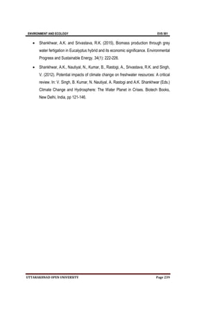 ENVIRONMENT AND ECOLOGY EVS 501
UTTARAKHNAD OPEN UNIVERSITY Page 239
 Shankhwar, A.K. and Srivastava, R.K. (2015), Biomass production through grey
water fertigation in Eucalyptus hybrid and its economic significance. Environmental
Progress and Sustainable Energy. 34(1): 222-226.
 Shankhwar, A.K., Nautiyal, N., Kumar, B., Rastogi, A., Srivastava, R.K. and Singh,
V. (2012). Potential impacts of climate change on freshwater resources: A critical
review. In: V. Singh, B. Kumar, N. Nautiyal, A. Rastogi and A.K. Shankhwar (Eds.)
Climate Change and Hydrosphere: The Water Planet in Crises. Biotech Books,
New Delhi, India, pp 121-146.
 