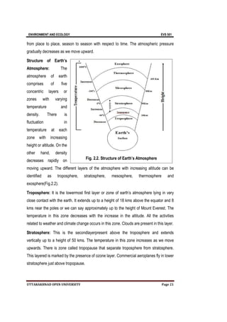 ENVIRONMENT AND ECOLOGY EVS 501
UTTARAKHNAD OPEN UNIVERSITY Page 21
from place to place, season to season with respect to time. The atmospheric pressure
gradually decreases as we move upward.
Structure of Earth’s
Atmosphere: The
atmosphere of earth
comprises of five
concentric layers or
zones with varying
temperature and
density. There is
fluctuation in
temperature at each
zone with increasing
height or altitude. On the
other hand, density
decreases rapidly on
moving upward. The different layers of the atmosphere with increasing altitude can be
identified as troposphere, stratosphere, mesosphere, thermosphere and
exosphere(Fig.2.2).
Troposphere: It is the lowermost first layer or zone of earth’s atmosphere lying in very
close contact with the earth. It extends up to a height of 18 kms above the equator and 8
kms near the poles or we can say approximately up to the height of Mount Everest. The
temperature in this zone decreases with the increase in the altitude. All the activities
related to weather and climate change occurs in this zone. Clouds are present in this layer.
Stratosphere: This is the secondlayerpresent above the troposphere and extends
vertically up to a height of 50 kms. The temperature in this zone increases as we move
upwards. There is zone called tropopause that separate troposphere from stratosphere.
This layered is marked by the presence of ozone layer. Commercial aeroplanes fly in lower
stratosphere just above tropopause.
Fig. 2.2. Structure of Earth’s Atmosphere
 