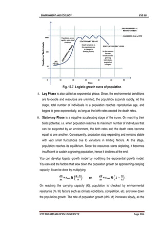 ENVIRONMENT AND ECOLOGY EVS 501
UTTARAKHAND OPEN UNIVERSITY Page 286
Fig. 13.7. Logistic growth curve of population
ii. Log Phase is also called as exponential phase. Since, the environmental conditions
are favorable and resources are unlimited, the population expands rapidly. At this
stage, total number of individuals in a population reaches reproductive age, and
begins to grow exponentially, as long as the birth rates exceed the death rates.
iii. Stationary Phase is a negative accelerating stage of the curve. On reaching their
biotic potential, i.e. when population reaches its maximum number of individuals that
can be supported by an environment, the birth rates and the death rates become
equal to one another. Consequently, population stop expanding and remains stable
with very small fluctuations due to variations in limiting factors. At this stage,
population reaches its equilibrium. Since the resources starts depleting, it becomes
insufficient to sustain a growing population, hence it declines at the end.
You can develop logistic growth model by modifying the exponential growth model.
You can add the factors that slow down the population growth on approaching carrying
capacity. It can be done by multiplying
𝒅𝑵
𝒅𝒕
= rmax N
𝑲 𝑵
𝑵
or
𝒅𝑵
𝒅𝒕
= rmax N 𝟏 −
𝑵
𝒌
On reaching the carrying capacity (K), population is checked by environmental
resistance (N / K) factors such as climatic conditions, competition, etc. and slow down
the population growth. The rate of population growth (dN / dt) increases slowly, as the
 