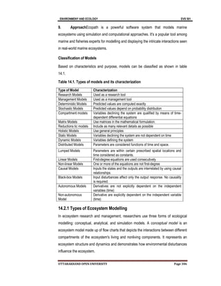 ENVIRONMENY AND ECOLOGY EVS 501
UTTARAKHAND OPEN UNIVERSITY Page 306
9. ApproachEcopath is a powerful software system that models marine
ecosystems using simulation and computational approaches. It's a popular tool among
marine and fisheries experts for modelling and displaying the intricate interactions seen
in real-world marine ecosystems.
Classification of Models
Based on characteristics and purpose, models can be classified as shown in table
14.1.
Table 14.1. Types of models and its characterization
Type of Model Characterization
Research Models Used as a research tool
Management Models Used as a management tool
Deterministic Models Predicted values are computed exactly
Stochastic Models Predicted values depend on probability distribution
Compartment models Variables declining the system are qualified by means of time-
dependent differential equations
Matrix Models Use matrices in the mathematical formulation.
Reductions tic models Include as many relevant details as possible
Holistic Models Use general principles
Static Models Variables declining the system are not dependent on time
Dynamic Models Variables defining the system
Distributed Models Parameters are considered functions of time and space.
Lumped Models Parameters are within certain prescribed spatial locations and
time considered as constants.
Linear Models First-degree equations are used consecutively
Non-linear Models One or more of the equations are not first-degree
Causal Models Inputs the states and the outputs are interrelated by using causal
relationships
Black-box Models Input disturbances affect only the output response. No causality
is required.
Autonomous Models Derivatives are not explicitly dependent on the independent
variables (time)
Non-autonomous
Model
Derivative are explicitly dependent on the independent variable
(time)
14.2.1 Types of Ecosystem Modelling
In ecosystem research and management, researchers use three forms of ecological
modelling: conceptual, analytical, and simulation models. A conceptual model is an
ecosystem model made up of flow charts that depicts the interactions between different
compartments of the ecosystem's living and nonliving components. It represents an
ecosystem structure and dynamics and demonstrates how environmental disturbances
influence the ecosystem.
 