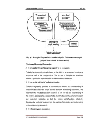 ENVIRONMENY AND ECOLOGY EVS 501
UTTARAKHAND OPEN UNIVERSITY Page 314
Fig. 14.7. Ecological Engineering: A new Paradigm for Engineers and ecologist.
(adopted from National Academic Press)
Principles of Ecological Engineering
1. It is based on the self-designing capacity of an ecosystem
Ecological engineering is primarily based on the ability of an ecosystem to restore or
reorganize itself as the changes occur. The process of designing an ecosystem
involves a quantitative approach based on the fundamental researches.
2. It can be the acid test of ecological theories.
Ecological engineering provides an opportunity to enhance our understanding of
ecosystems because of the unique research approach in recreating ecosystems. The
restoration of a disturbed ecosystem s defined as “an acid test our understanding of
that system”. Ecologists have established a clear link between fundamental research
and ecosystem restoration so that the system works/functions effectively.
Subsequently, ecological engineering is the practice of conducting and implementing
fundamental ecological research.
3. It relies on system approaches
 