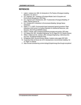 ENVIRONMENY AND ECOLOGY EVS 501
UTTARAKHAND OPEN UNIVERSITY Page 320
REFRENCES
1. Leland J. Jackson et al. 2000. An Introduction to The Practice of Ecological modelling.
Bioscience. Vol. 50 No. 8.
2. S.E. Jorgensen. 2011. Handbook of Ecological Models Used in Ecosystem and
Environmental Management. CRC Press.
3. S.E. Jorgensen and G. Bendoricchio. 2001. Fundamentals of Ecological Modelling. 3rd
Edition. Elsevier Science Ltd.
4. M. E. Emetere.2019. Introduction to Environmental Modelling. Springer Nature
Switzerland
5. Ogola, P. F. A. (2007). Environmental impact assessment general procedures. Paper
presented at short course II on Surface Exploration for Geothermal Resources. Lake
Naivasha: UNU-GTP and KENGEN, Kenya.
6. Patrick C. Kangas. 2005. Ecological Engineering principles and practice. CRC press.
7. S.D. Bergen et al. 2001. Ecological Engineering. Vol 18. Pages 201-210. Elsevier Science
8. William J. Mitsch and S.E. Jorensen. 2003. Ecological Engineering: a field whose time
has come. The National Academies Press.
9. M.Sagehashi.2008. Structural Dynamic Models. Academic press pages 3397-3403.
10. Young-Seuk Park and Sovan Lek. 2015. Developments in environmental modelling. Vol
27. Pages 1-9. Elsevier
11. https://courses.lumenlearning.com/wm-biology2/chapter/energy-flow-through-ecosystems/
 