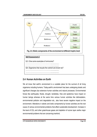 ENVIRONMENT AND ECOLOGY EVS 501
UTTARAKHNAD OPEN UNIVERSITY Page 28
2.4 Human Activities on Earth
We all know that earth’s environment is a suitable place for the survival of all living
organisms including humans. Today,earth’s environment has been undergoing drastic and
significant changes due extensive human activities and natural processes. Environmental
forces like earthquake, floods, drought, landslides, fires and epidemics have impact on
human beings whereas at the same time various human activities like deforestation,
environmental pollution and degradation etc., also have severe negative impact on the
environment. Alterations in abiotic and biotic components by human activities are the root
cause of various environmental problems that affect sustainable development. Increase in
the level of CO2 and other greenhouse gases and depletion of ozone layer arethe major
environmental problems that are concerning mankind.
Self-Assessment-2
Q.3. Give some examples of omnivores?
…………………………………………...................
…………………………………………...................
Q4. Organisms that recycle the nutrient are known as?
…………………………………………...................
…………………………………………...................
Fig. 2.5. Biotic components of the environment at different trophic level
 