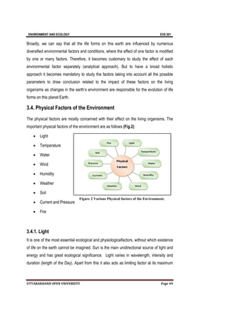 ENVIRONMENT AND ECOLOGY EVS 501
UTTARAKHAND OPEN UNIVERSITY Page 49
Broadly, we can say that all the life forms on this earth are influenced by numerous
diversified environmental factors and conditions, where the effect of one factor is modified
by one or many factors. Therefore, it becomes customary to study the effect of each
environmental factor separately (analytical approach). But to have a broad holistic
approach it becomes mandatory to study the factors taking into account all the possible
parameters to draw conclusion related to the impact of these factors on the living
organisms as changes in the earth’s environment are responsible for the evolution of life
forms on this planet Earth.
3.4. Physical Factors of the Environment
The physical factors are mostly concerned with their effect on the living organisms. The
important physical factors of the environment are as follows (Fig.2):
 Light
 Temperature
 Water
 Wind
 Humidity
 Weather
 Soil
 Current and Pressure
 Fire
3.4.1. Light
It is one of the most essential ecological and physiologicalfactors, without which existence
of life on the earth cannot be imagined. Sun is the main unidirectional source of light and
energy and has great ecological significance. Light varies in wavelength, intensity and
duration (length of the Day). Apart from this it also acts as limiting factor at its maximum
Figure 2 Various Physical factors of the Environment.
 
