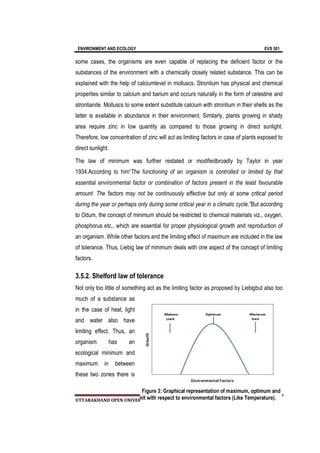 ENVIRONMENT AND ECOLOGY EVS 501
UTTARAKHAND OPEN UNIVERSITY Page 62
some cases, the organisms are even capable of replacing the deficient factor or the
substances of the environment with a chemically closely related substance. This can be
explained with the help of calciumlevel in molluscs. Strontium has physical and chemical
properties similar to calcium and barium and occurs naturally in the form of celestine and
strontianite. Molluscs to some extent substitute calcium with strontium in their shells as the
latter is available in abundance in their environment. Similarly, plants growing in shady
area require zinc in low quantity as compared to those growing in direct sunlight.
Therefore, low concentration of zinc will act as limiting factors in case of plants exposed to
direct sunlight.
The law of minimum was further restated or modifiedbroadly by Taylor in year
1934.According to him“The functioning of an organism is controlled or limited by that
essential environmental factor or combination of factors present in the least favourable
amount. The factors may not be continuously effective but only at some critical period
during the year or perhaps only during some critical year in a climatic cycle.”But according
to Odum, the concept of minimum should be restricted to chemical materials viz., oxygen,
phosphorus etc., which are essential for proper physiological growth and reproduction of
an organism. While other factors and the limiting effect of maximum are included in the law
of tolerance. Thus, Liebig law of minimum deals with one aspect of the concept of limiting
factors.
3.5.2. Shelford law of tolerance
Not only too little of something act as the limiting factor as proposed by Liebigbut also too
much of a substance as
in the case of heat, light
and water also have
limiting effect. Thus, an
organism has an
ecological minimum and
maximum in between
these two zones there is
Figure 3: Graphical representation of maximum, optimum and
minimum limit with respect to environmental factors (Like Temperature).
 