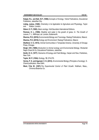 ENVIRONMENT AND ECOLOGY EVS 501
UTTARAKHAND OPEN UNIVERSITY Page 70
Kotpal, R.L. and Bali, N.P. (1986).Concepts of Ecology. Vishal Publications, Educational
Publishers, Jalandhar City.
Liebig, Justus, (1840). Chemistry in its Application to Agriculture and Physiology. Taylor
and Walton, London.
Odum, E. P. (1983). Basic ecology. Holt-Saunders International Editions.
Penman, H. L. (1956). Weather and water in the growth of grass. In: The Growth of
Leaves, F. L. Milthrope, ed. London, Butterworth.
Sharma, P.D. (2010).Environmental Biology and Toxicology. Rastogi Publications, Meerut.
Sharma, P.D. (2018).Ecology and Environment. Rastogi Publications, Meerut.
Shelford, V. E. (1913). Animal Communities in Temperate America. University of Chicago
Press, Chicago.
Singh, H.R. (1989).Introduction to Animal ecology and Environmental Biology. Shobanlal
Nagin Chand & Co, Educational Publishers, Jalandhar.
Smith, R. E. (1977). Elements of Ecology and Field Biology. Harper and Row, Publishers,
New York.
Taylor, W. P. (1934). Ecology, 15: 274-379.
Verma, P. S. and Agarwal, V. K. (2012). Environmental Biology (Principles of ecology). S.
Chand publication, New Delhi.
Went, Fritz W. (1957).The Experimental Control of Plant Growth. Waltham, Mass.,
Chronica Botanica Co.
 