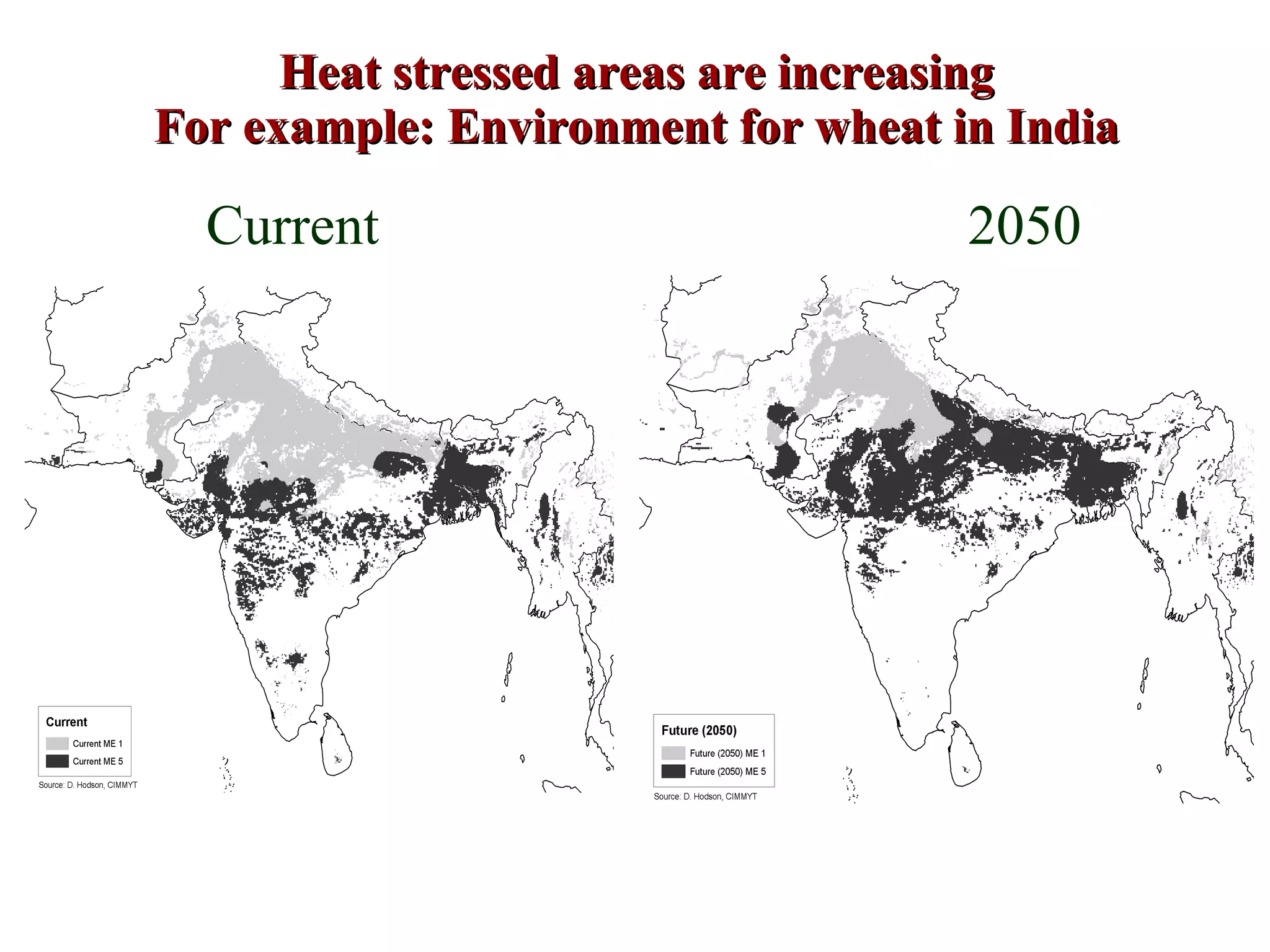 Heat stressed areas are increasing For example: Environment for wheat in India Current 2050 