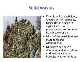 Solid wastes
• Chemicals like pesticides,
weedicides, insecticides,
fungicides etc. used in
agriculture, food
preservation, community
health services etc.
• Most of the pesticides are
mutagenic and
carcinogenic.
• Mutagens can cause
chromosomal abberations
and various kinds of
hereditary abnormalities.
 