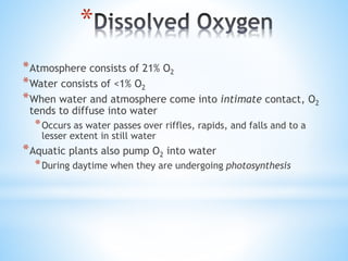 *
*Atmosphere consists of 21% O2
*Water consists of <1% O2
*When water and atmosphere come into intimate contact, O2
tends to diffuse into water
*Occurs as water passes over riffles, rapids, and falls and to a
lesser extent in still water
*Aquatic plants also pump O2 into water
*During daytime when they are undergoing photosynthesis
 