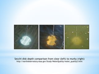 Secchi disk depth comparison from clear (left) to murky (right)
http://earthobservatory.nasa.gov/Study/WaterQuality/water_quality2.html
 
