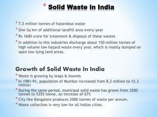 * Solid Waste in India
*7.2 million tonnes of hazardous waste
*One Sq km of additional landfill area every-year
*Rs 1600 crore for treatment & disposal of these wastes
*In addition to this industries discharge about 150 million tonnes of
high volume low hazard waste every year, which is mostly dumped on
open low lying land areas.
Growth of Solid Waste In India
*Waste is growing by leaps & bounds
*In 1981-91, population of Mumbai increased from 8.2 million to 12.3
million
*During the same period, municipal solid waste has grown from 3200
tonnes to 5355 tonne, an increase of 67%
*City like Bangalore produces 2000 tonnes of waste per annum.
*Waste collection is very low for all Indian cities.
 