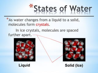 *
*As water changes from a liquid to a solid,
molecules form crystals.
In ice crystals, molecules are spaced
further apart.
Liquid Solid (Ice)
 