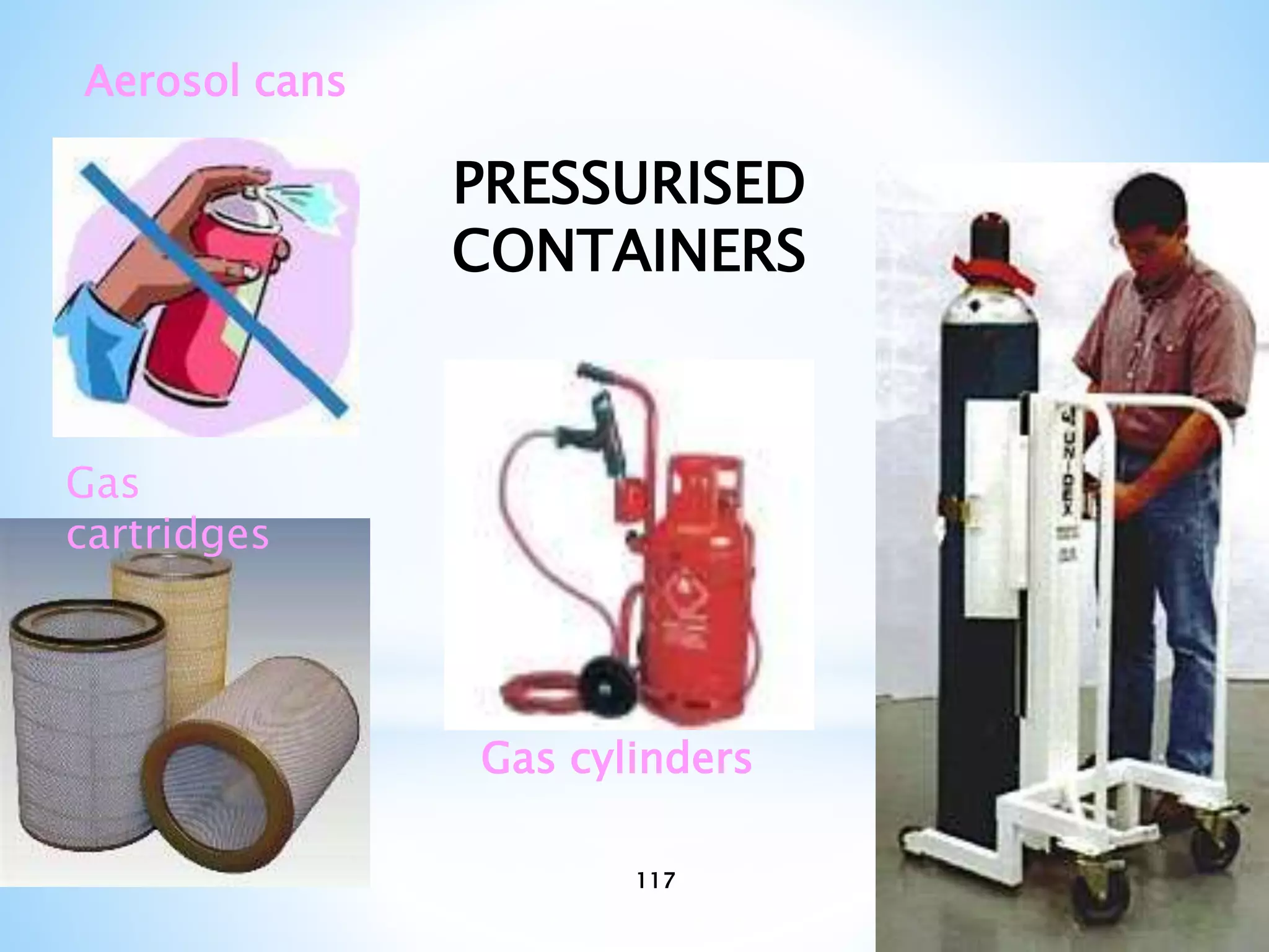 Gas
cartridges
Gas cylinders
Aerosol cans
PRESSURISED
CONTAINERS
117
 